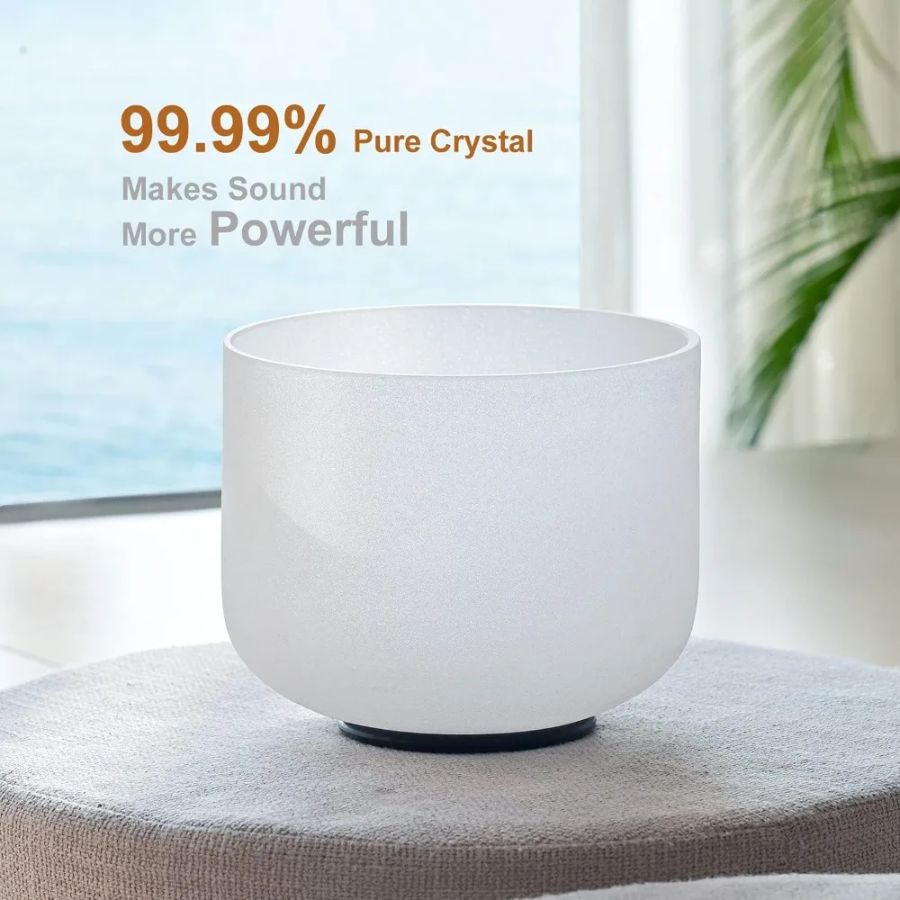 440HZ 8 Inch F Note Heart Chakra Frosted Quartz Crystal Singing Bowl with Mallet and O-ring for Sound Healing