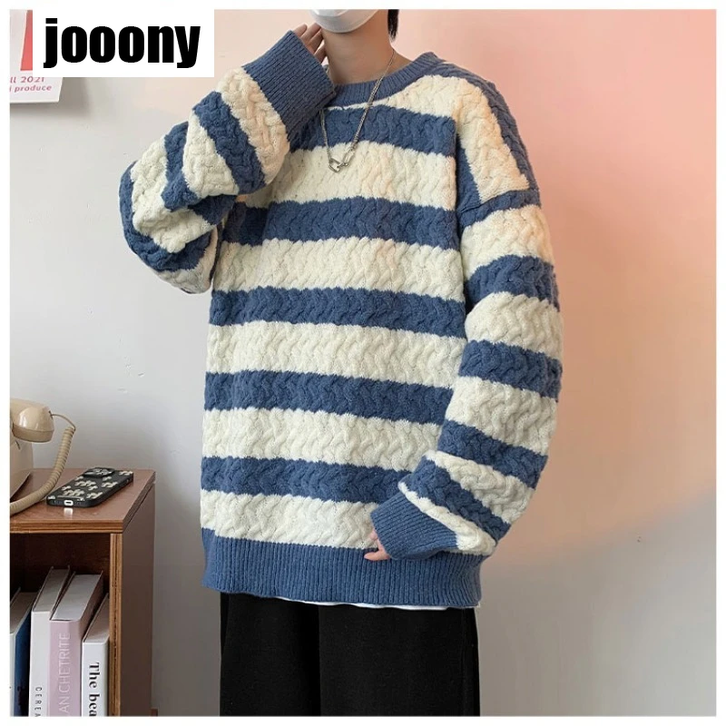 캐주얼 풀오버 올매치 따뜻한 니트 상의, 스플라이스 루즈 한국 스트라이프 스웨터, O-넥 남성 의류, 다목적 신상 패션