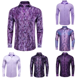 Camisa de seda lila para hombre, blusa Jacquard de manga larga con solapa de lujo, color morado, lavanda, para boda, negocios y graduación