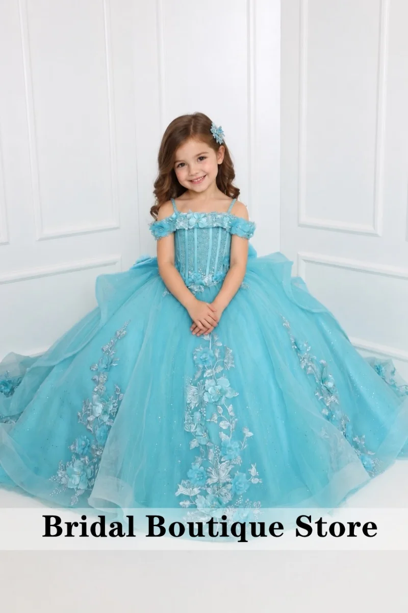 Customized Blue Flower Girl Dress For Wedding Appliques Floor Length Gorgeous Princess Birthday First Communion Pageant Gown