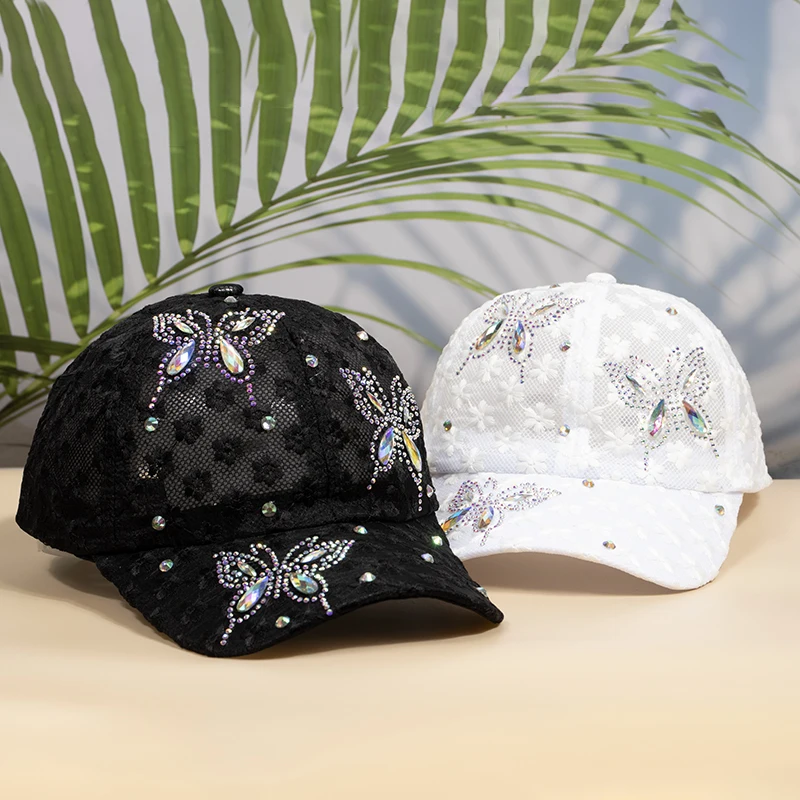 Fashion Women Spring Summer Baseball Caps Breathable Rhinestone Butterfly Hats Lace Hollow Caps