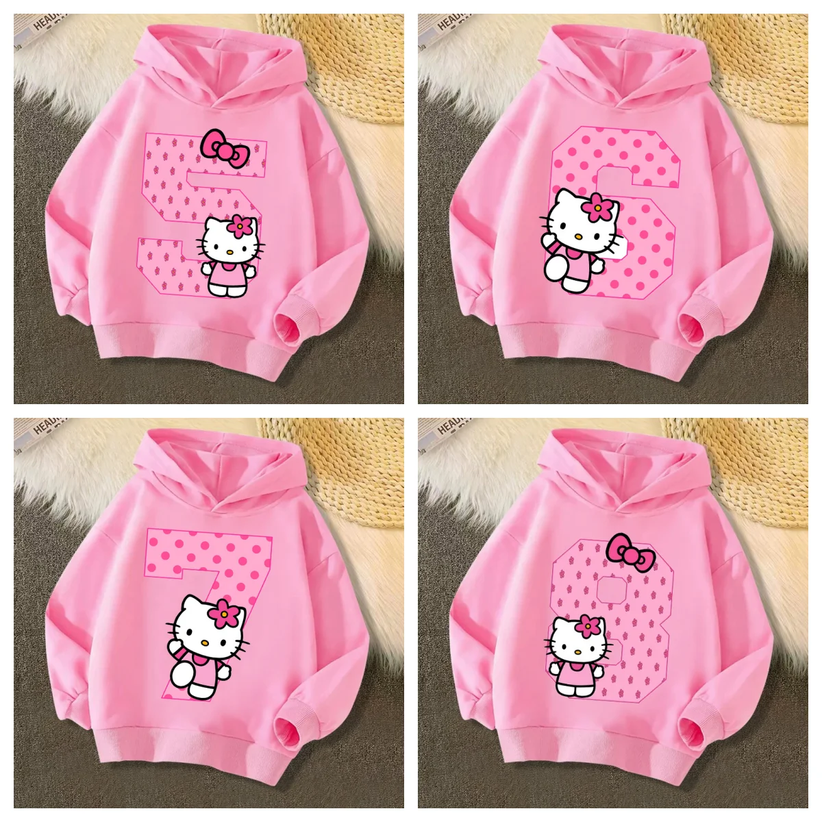 

Милые детские толстовки с капюшоном Hello Kitty номер на день рождения 1-9 Y2k Sanrio пуловер аниме мультфильмы повседневная одежда для девочек и мальчиков Детский топ