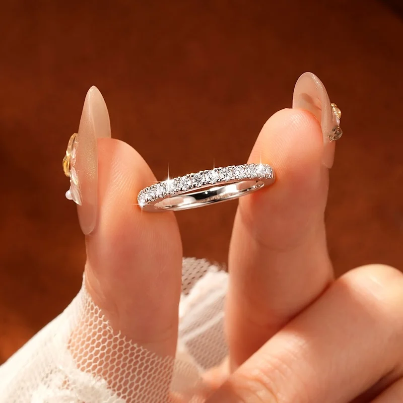 Rrjzz Zertifizierter 2mm D-Farbiger Voll-Moissanit Stapelbarer Halb-Eternity-Ring für Damen Klassischer Imitationsdiamant-Schmuckring – Detail 16