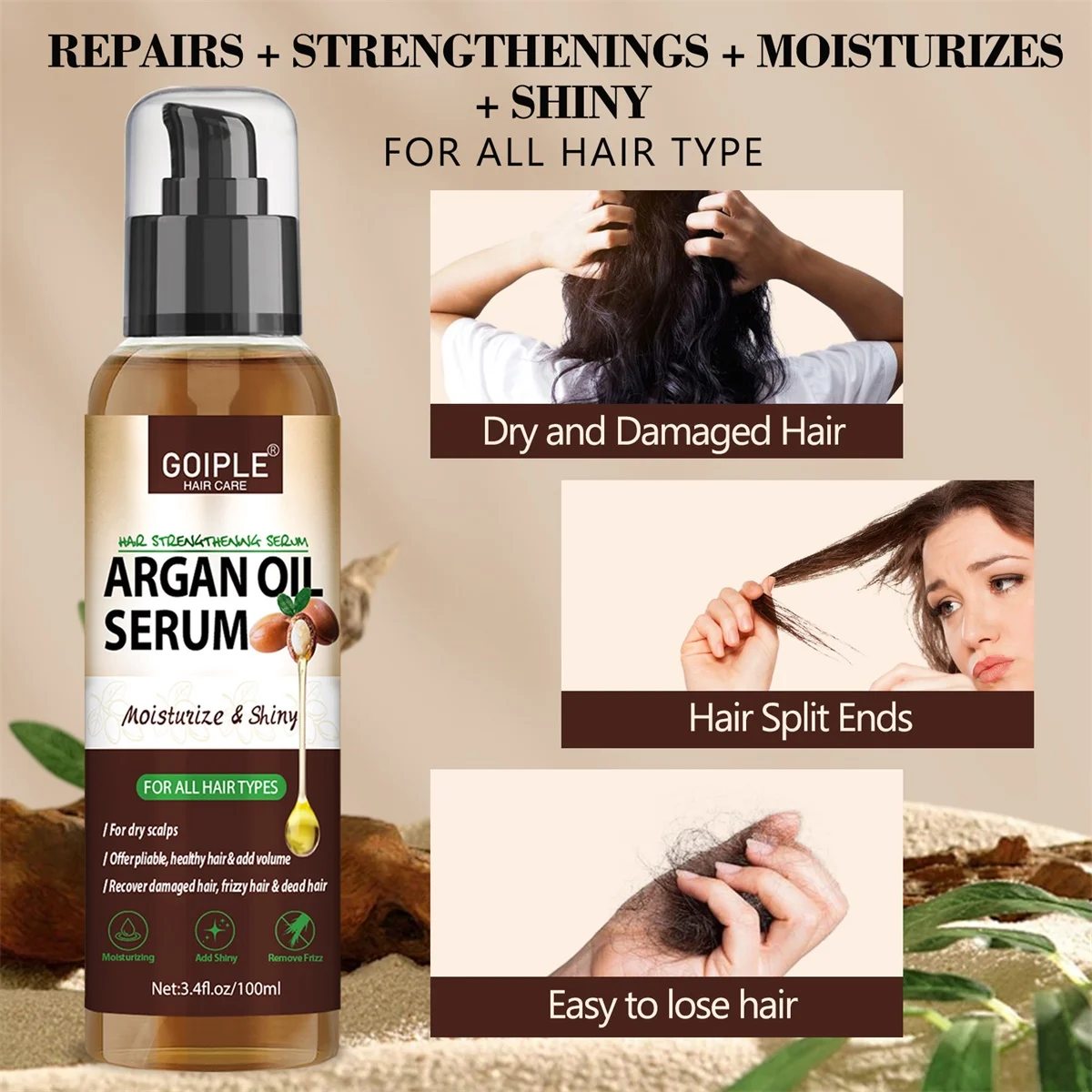 GOIPLE 100ml Argan Oil Serum Damaged Hair Moisturizing Shiny Nourishing Essence,30ml Rosemary & Mint Promote Healthy Root Growth