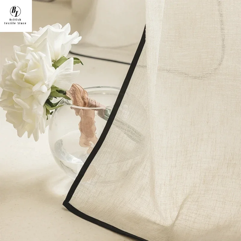 Retro Cream Linen White Tulle Sheer Curtains for Living Room Luxury Bedroom Dining Balcony Black Edge Blackout Gauze Window Door