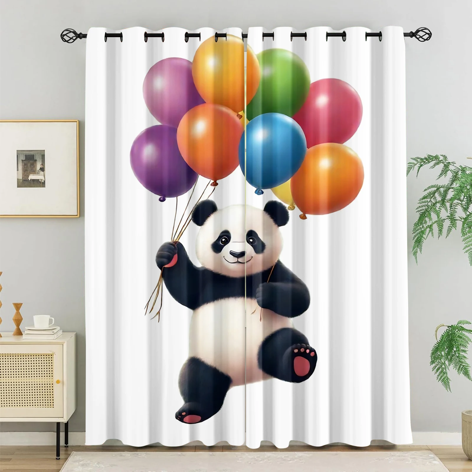 Cute Cartoon Giant Panda Holding Colorful Balloons Window Curtains Animal Curtain Panels, Light Filtering Curtains