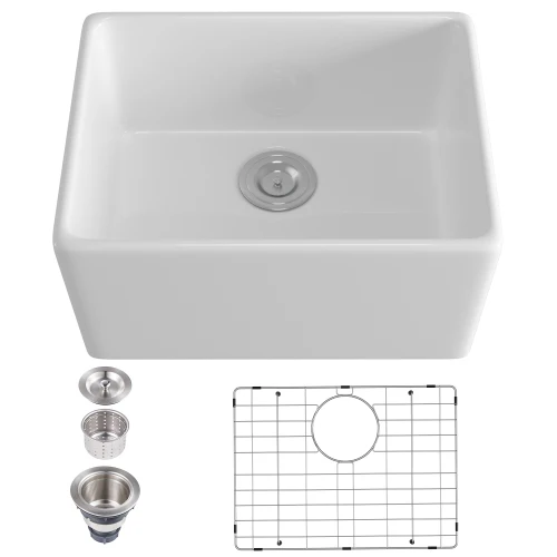 

Ceramic White Rectangular 25" L x 20" W Farmhouse Kitchen Sink Bathroom Vessel Sink with Grid and Strainer