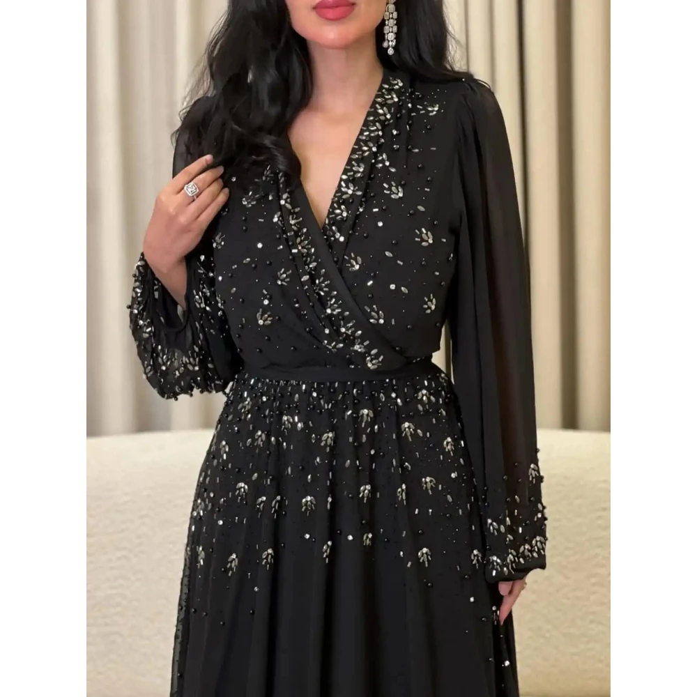 Black Evening Dresses V Neck Long Sleeves Beadings Chiffon A Line Floor Length Formal Party Dress Prom Gown Customized