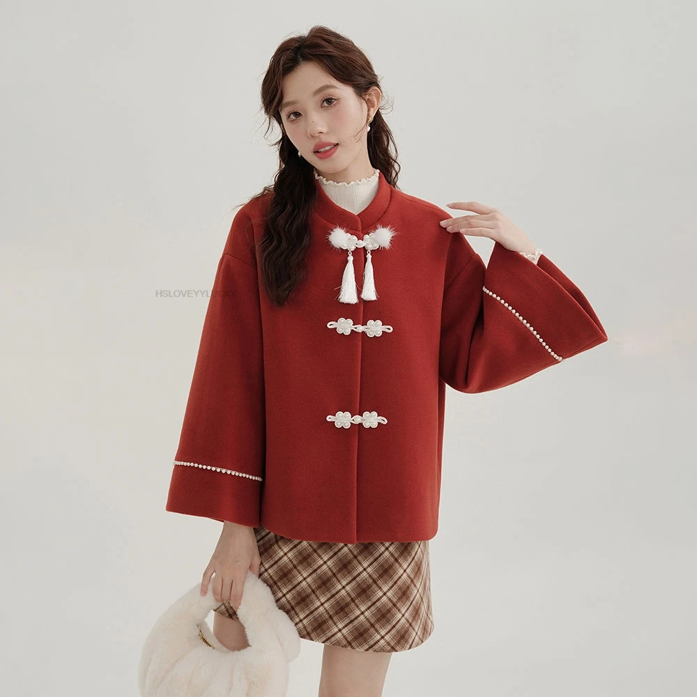 Wearing Red Wool Overcoat  Spring Festival Women Tangsuits Red Thicken Hanfu Blouse Chinese Vintage Clothing Thicken Tangsuits