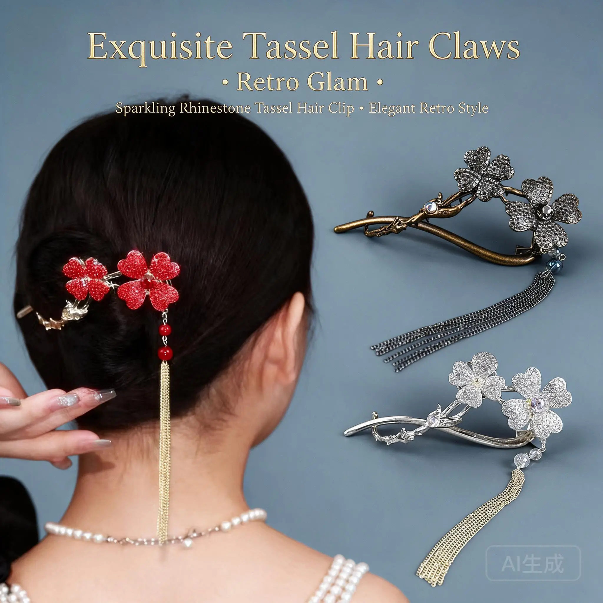 Rhinestone Four Leaf Clover Twist Hair Clips For Women Elegant Tassel Barrettes For Back Head Bun Updo Bangs Flyaways Daily Wear