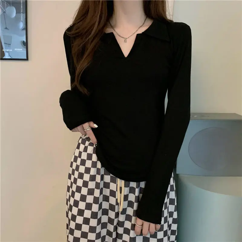 

Long Sleeve T-shirts Women Solid Design Turn-down Collar Simple Stylish Daily Korean Version New Arrival All-match Spring Soft