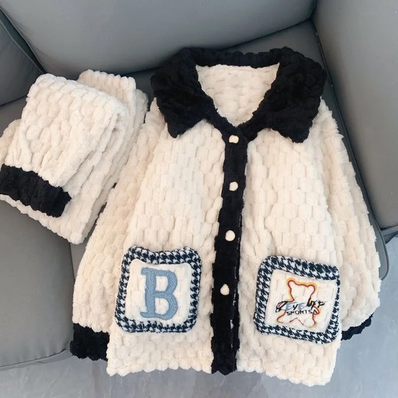 

Korean Cartoon Bear Flannel Pajama Set Women Warm Fluffy Pocket Sleepwear 2025 White Christmas PJS Homewear Y2K Kawaii Nightwear