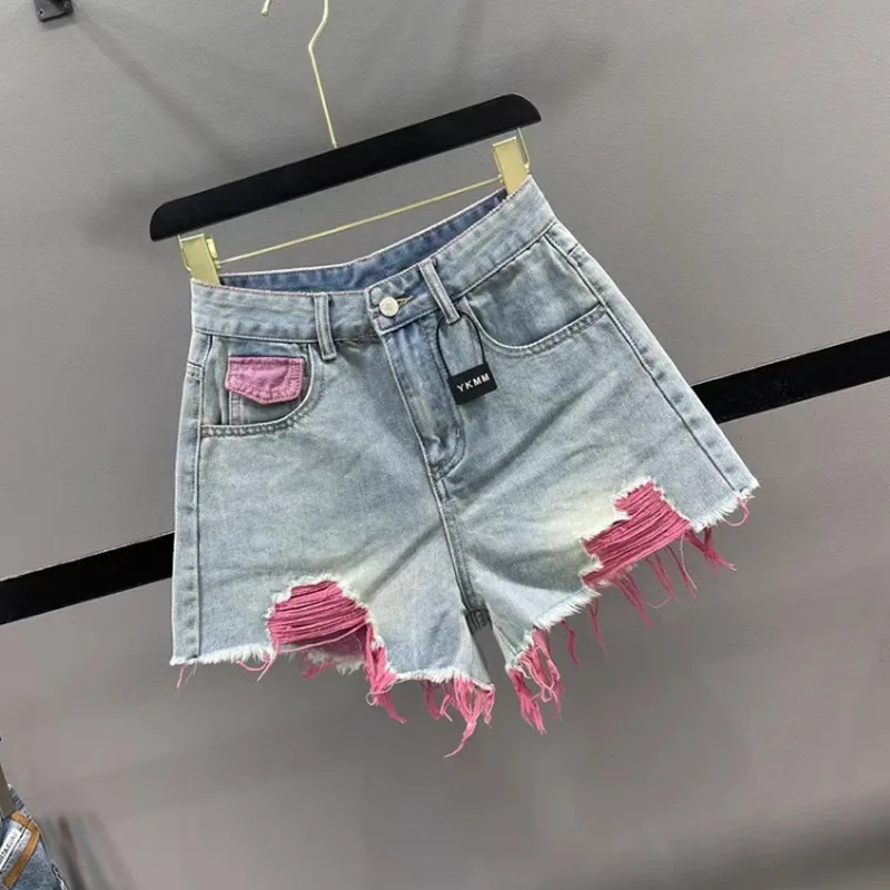 Colorful Ripped Denim Shorts for Women, New Summer High-waisted Slimming Hot Pants with A-line Fringed Wide-leg Pants Fashion