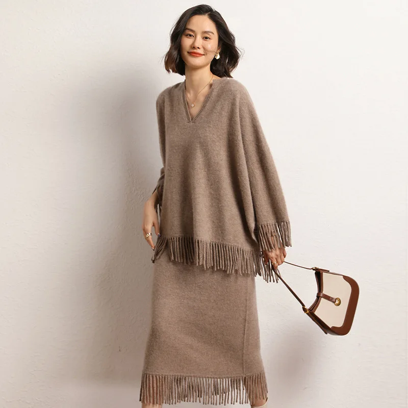 BirdTree, 12G Wool Cashmere Loose Sweater, Women V-Neck Tassels, Casual Fashion Pullover, 2024 Autumn Winter New Top T48758QM