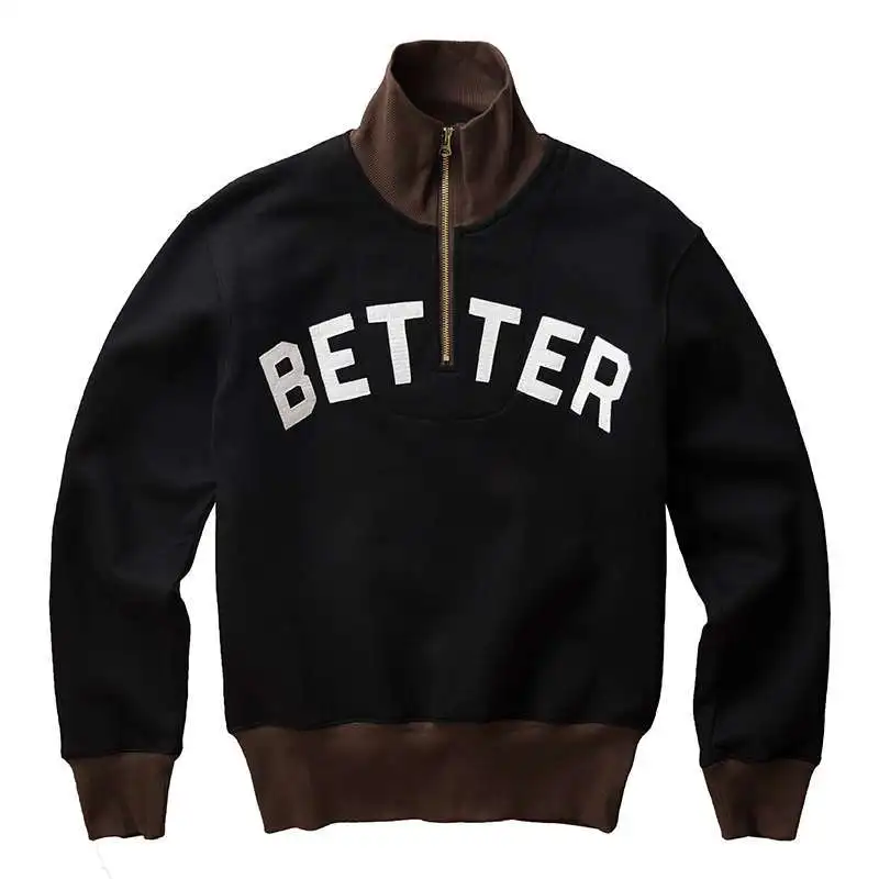 

Retro Stand Up Collar Half Zip Hoodie Men's Velvet Letter Embroidered Jacket