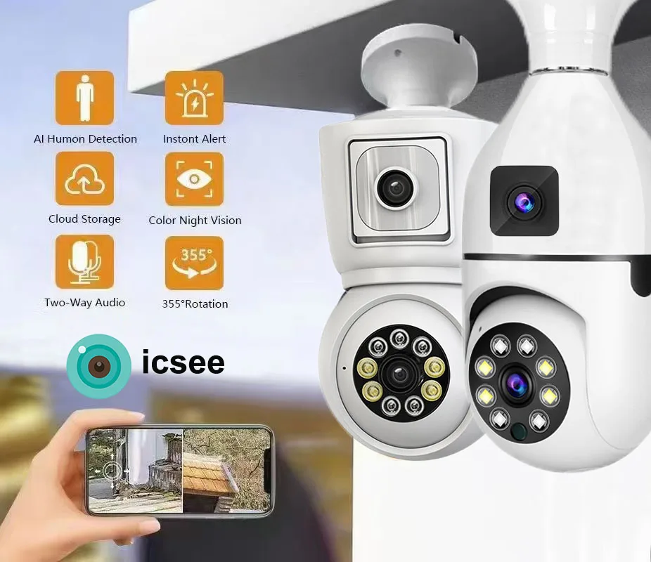 ICsee E27 6MP Glühbirne WiFi Kamera Dual Lens Dual Screen Auto Tracking Zwei-wege Audio Farbe Nachtsicht für Indoor Überwachungskamera