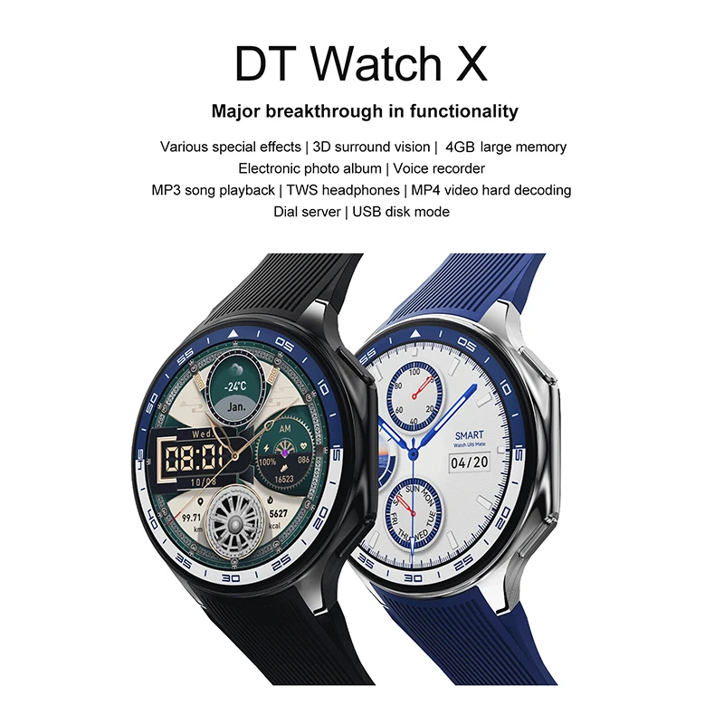 DT Watch X 스마트 워치 AMOLED USB 디스크, 사진 앨범, 무선 충전, 로컬 음악, 남성용 스마트워치, 블루투스 통화, 4GB ROM