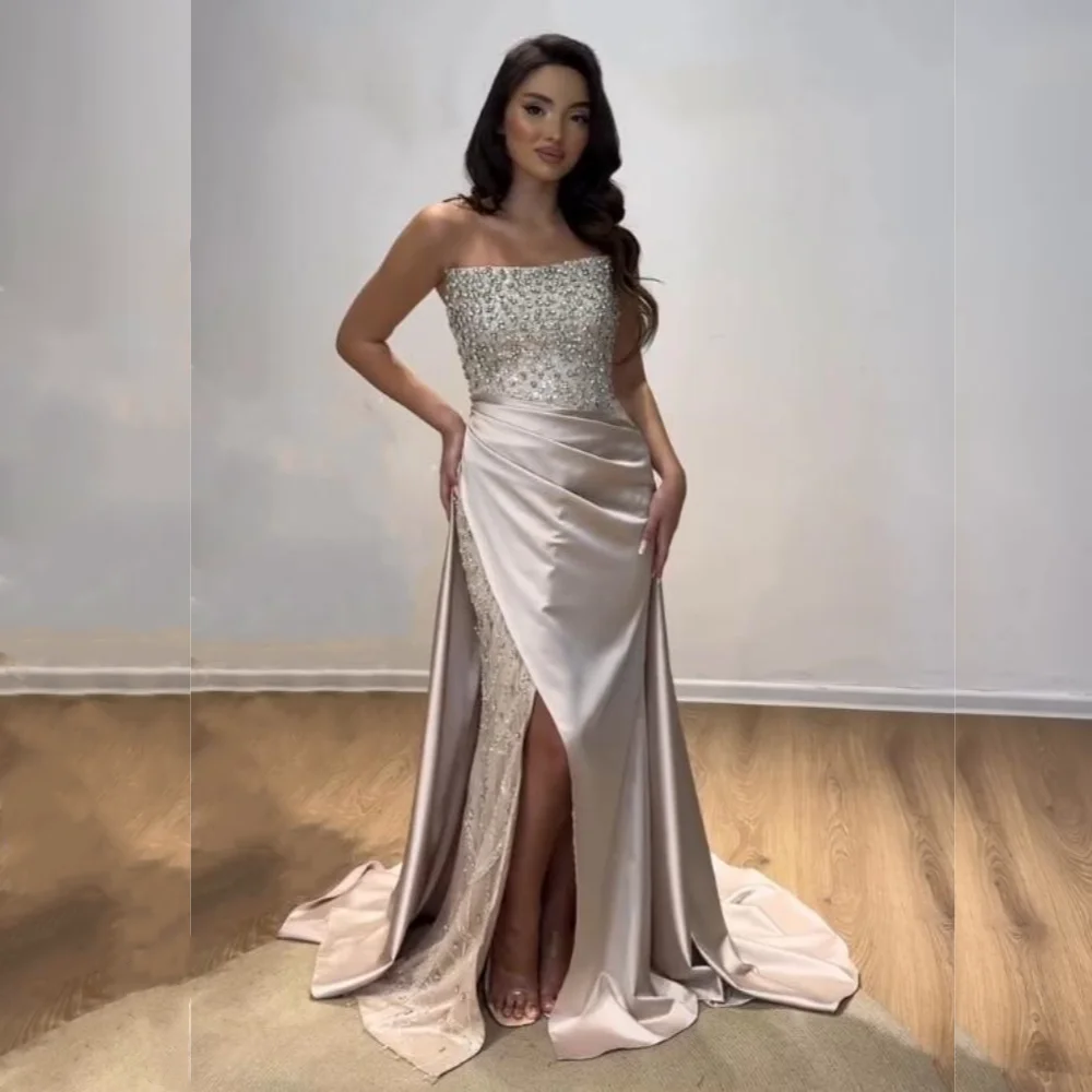 Customized Charmeuse Rhinestone Sequined Sparkle Strapless Mermaid Floor-length Bespoke Occasion Women's Luxury Evening Party