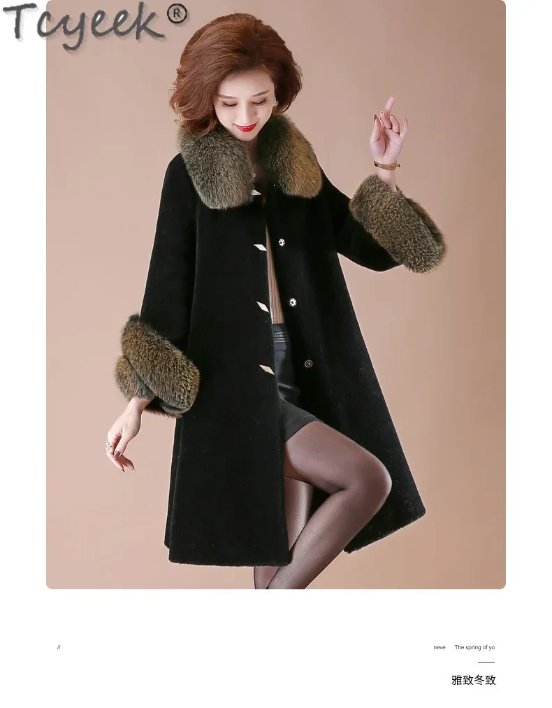 Tcyeek 100% Cappotto di Lana Donna Cappotti di Pecora Shearling Caldo Collo di Pelliccia di Volpe Abiti Invernali Giacca di Pelliccia da Donna Soprabito Пblogто Ж erotismoе