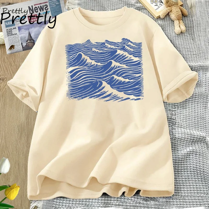 Vintage Ocean Sea T-Shirt Women Men 90s Print Waves Style Graphic Tee Coastal Beach Sailing Tshirt Cotton Short Sleeve