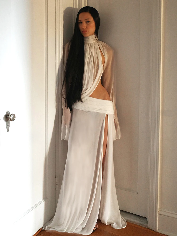 SiSterlinda Sexy Rollkragen Split 2-teiliges Set Frauen Durchsichtig Unregelmäßiges Crop Top + Röcke Passenden Club Elegante Passenden Anzug