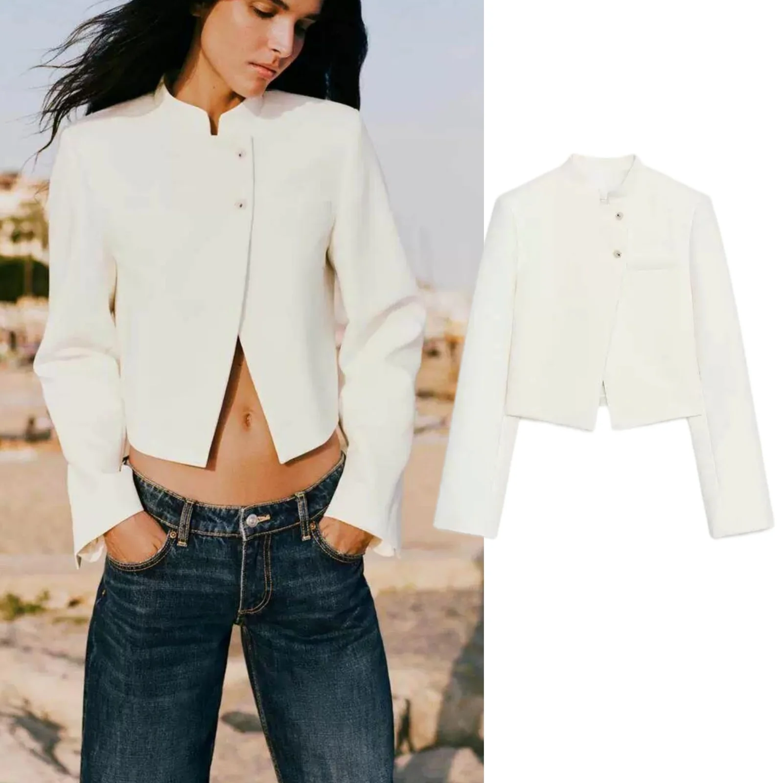 2025 Autumn New Simple Style Short Length Shangzhen Collar Long Sleeve Women's Suit Jacket with Padded Shoulder Pads French S...