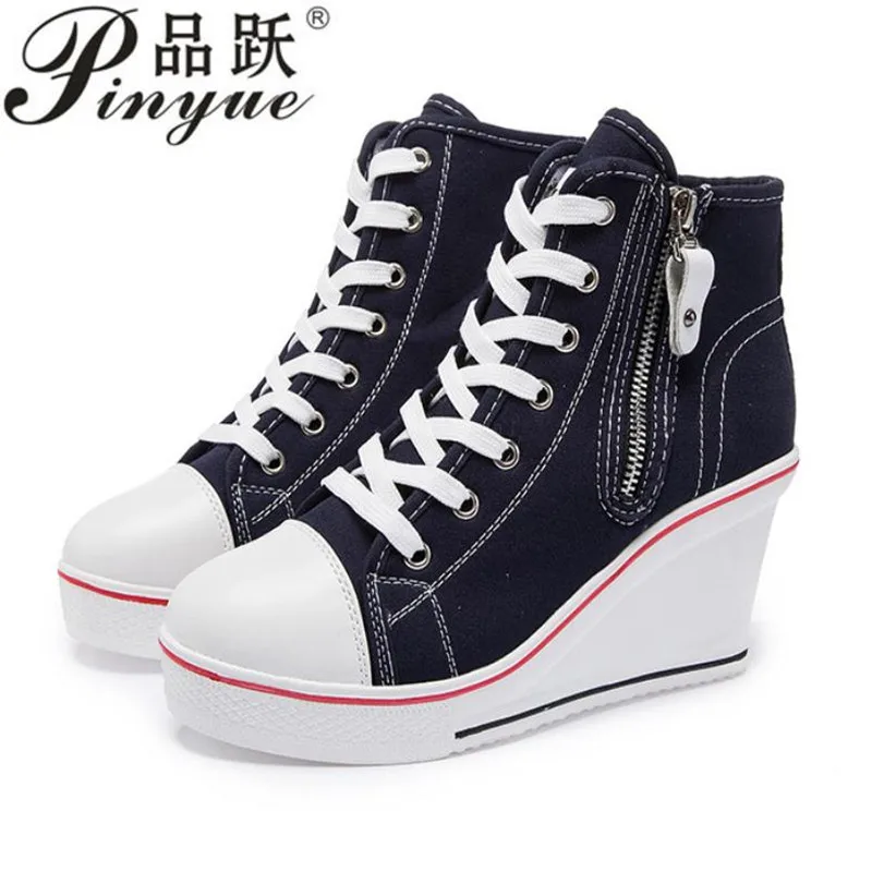 8cm Women Wedges High Top Canvas Shoes Platform Shoes Woman Casual Trainers Elevator Shoe High Heels Zapatos Mujer size 35--43