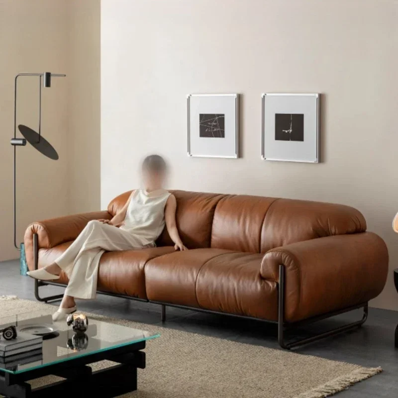 Retro style niche design oil wax leather three-person small apartment living room lazy sofa