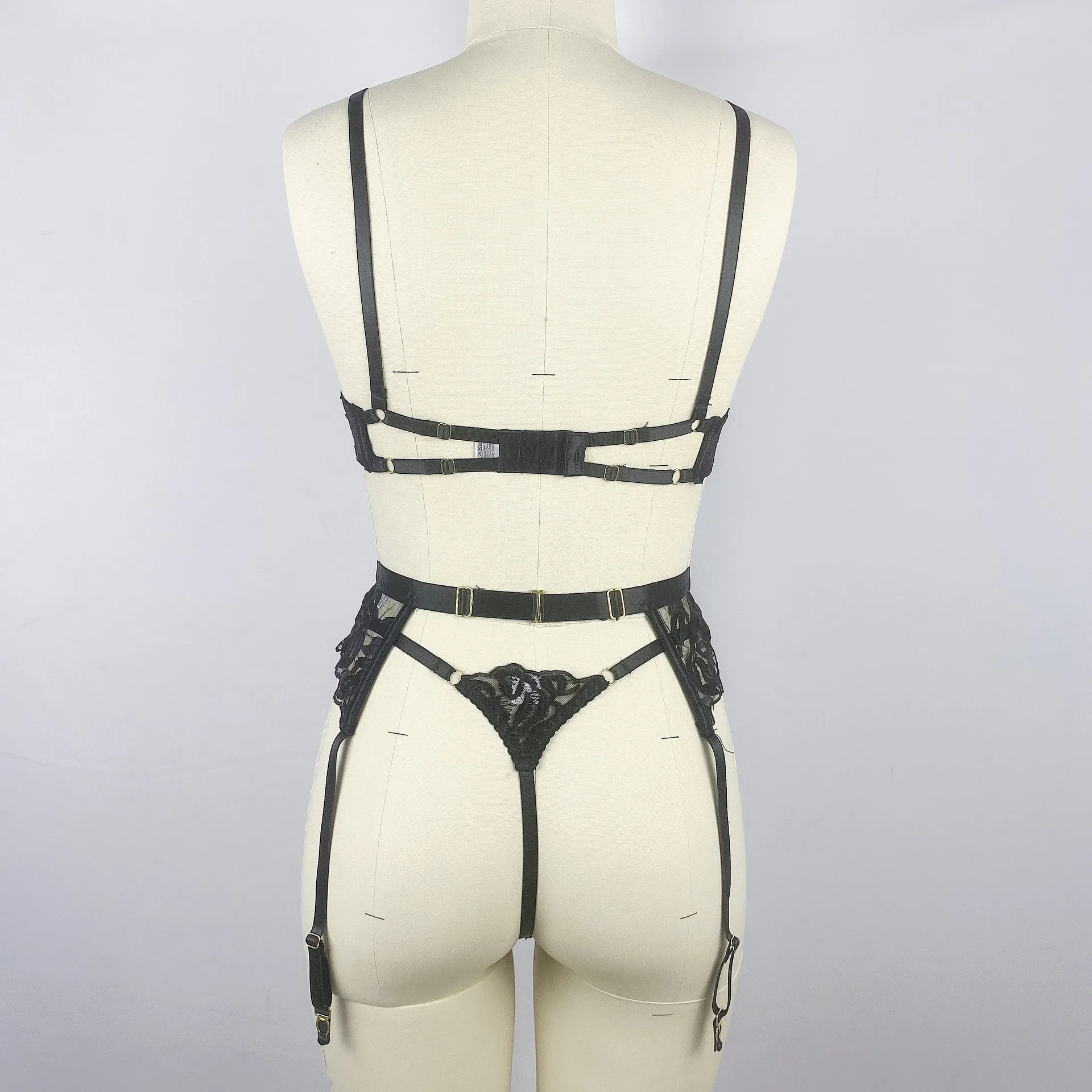 Black flower embroidery with steel ring bra and g-string panties female sexy lingerie three-piece set European and American cros