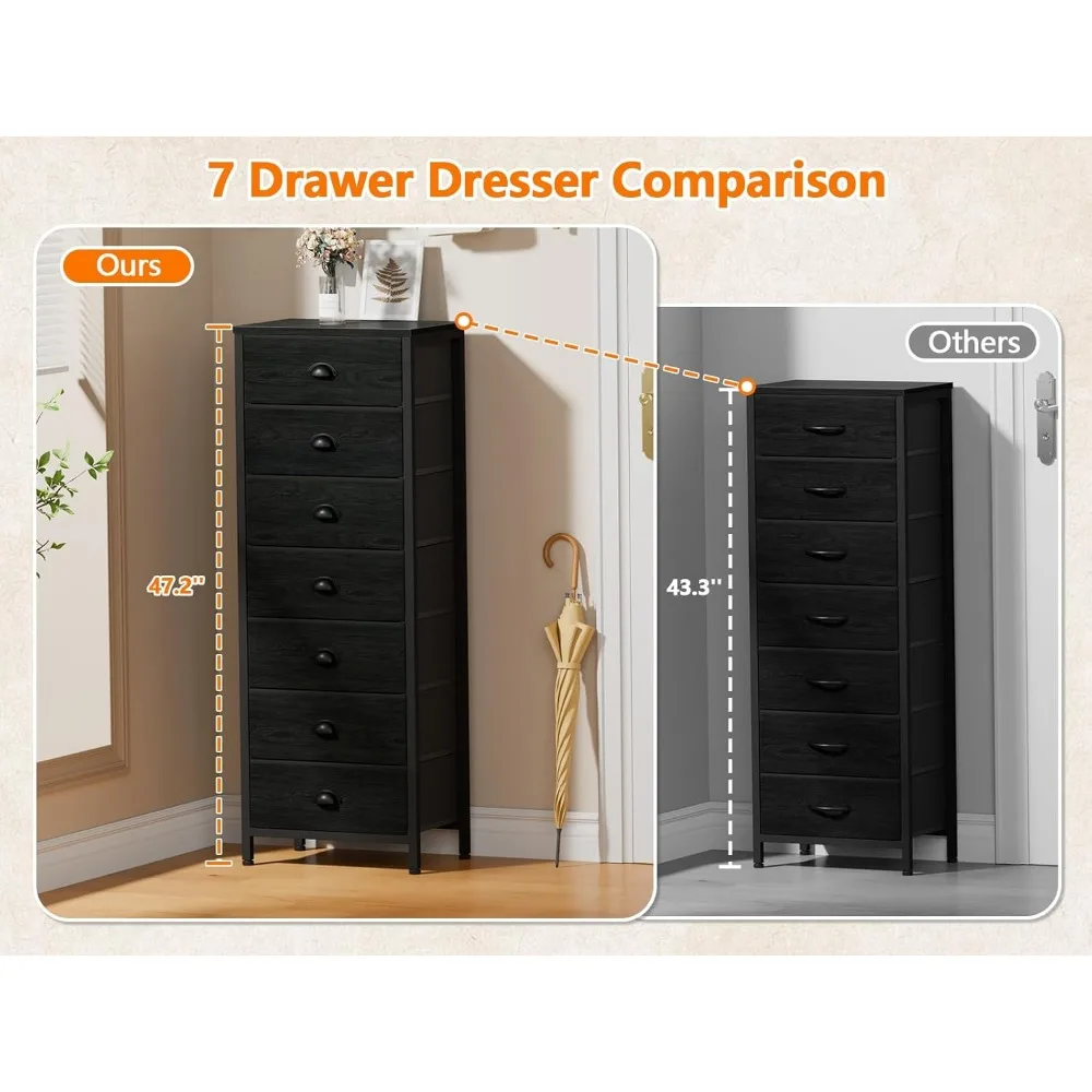 خزانة غرفة نوم Furnulem، خزائن ذات أدراج طويلة مع 7 صناديق قماش، منظم أسود في الخزانة، النوم، غرفة المعيشة، الحضانة، القاعة