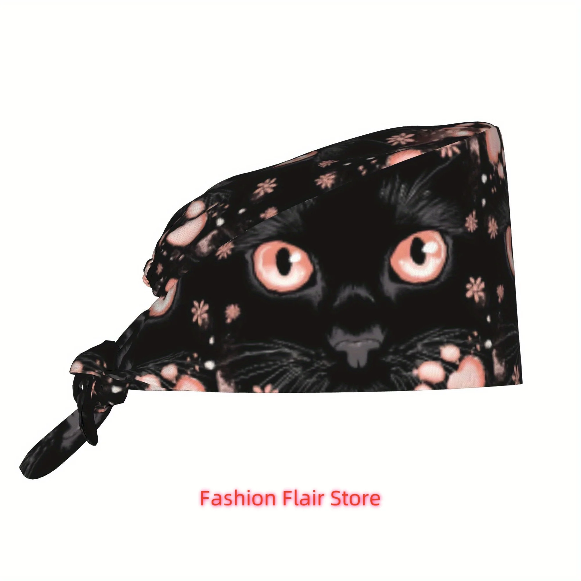 1pc Black Cat Unisex Stylish Printed Work Cap - Lightweight Adjustable Skull Cap Tie-Back Nurse Hat, Dustproof Chef & Cooking Ca