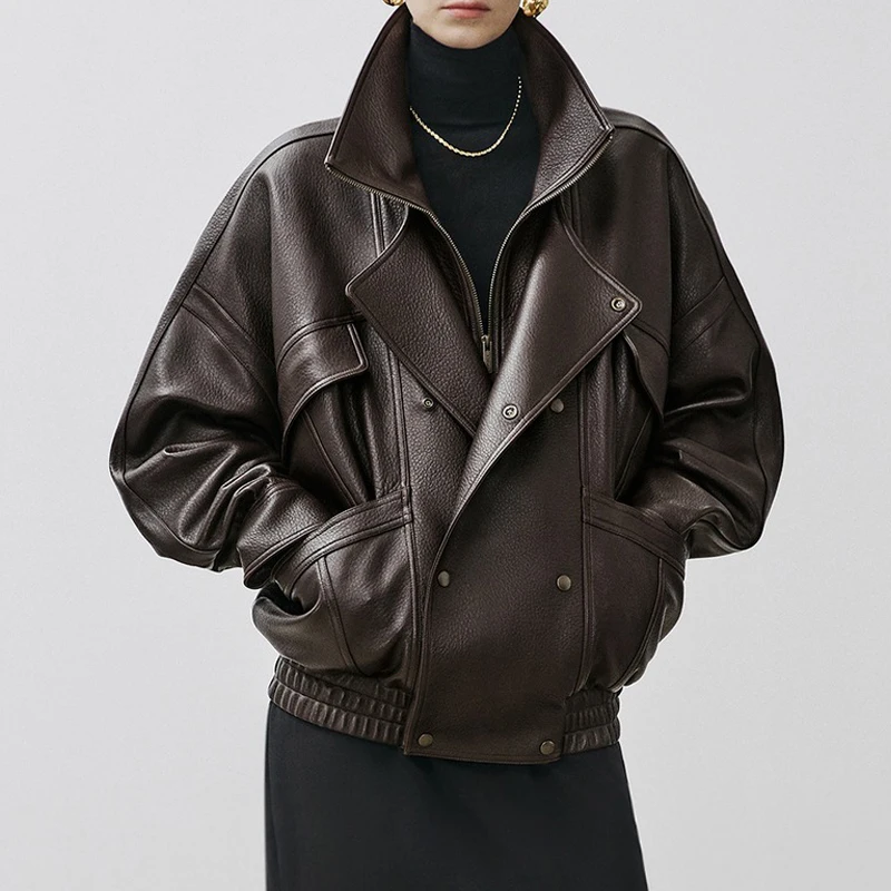 2026 Fall Winter Imported A-level Sheepskin Jacket Coats Vintage Double-layer Lapel Women Oversized Real Leather Jacket Tops