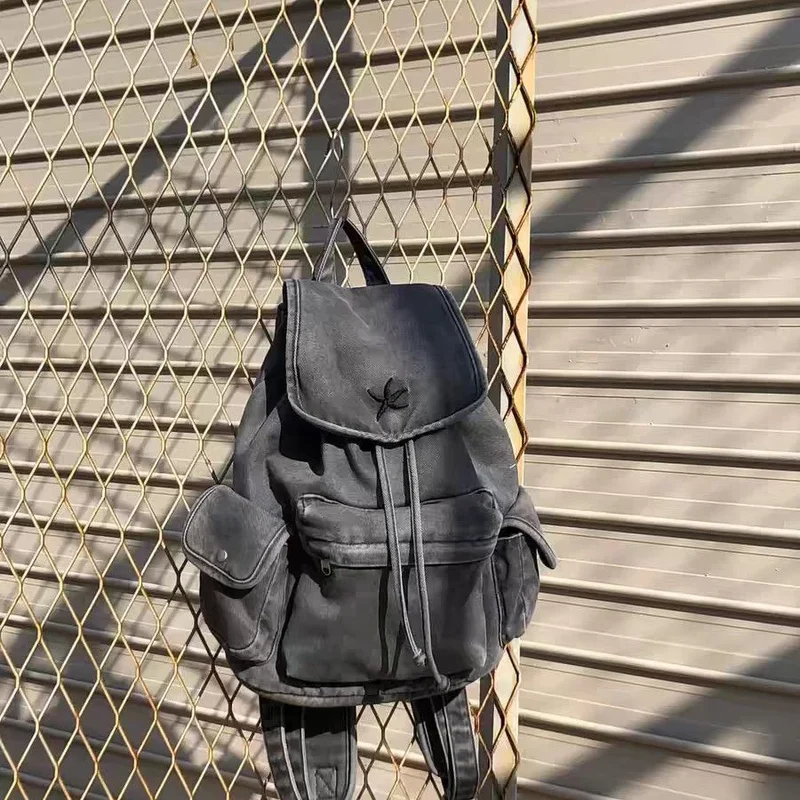 

Unisex Gray Backpack All Match Design Fashion School Bag for Students Small Y2k String Bags Female Korean Backpacks Drawstring
