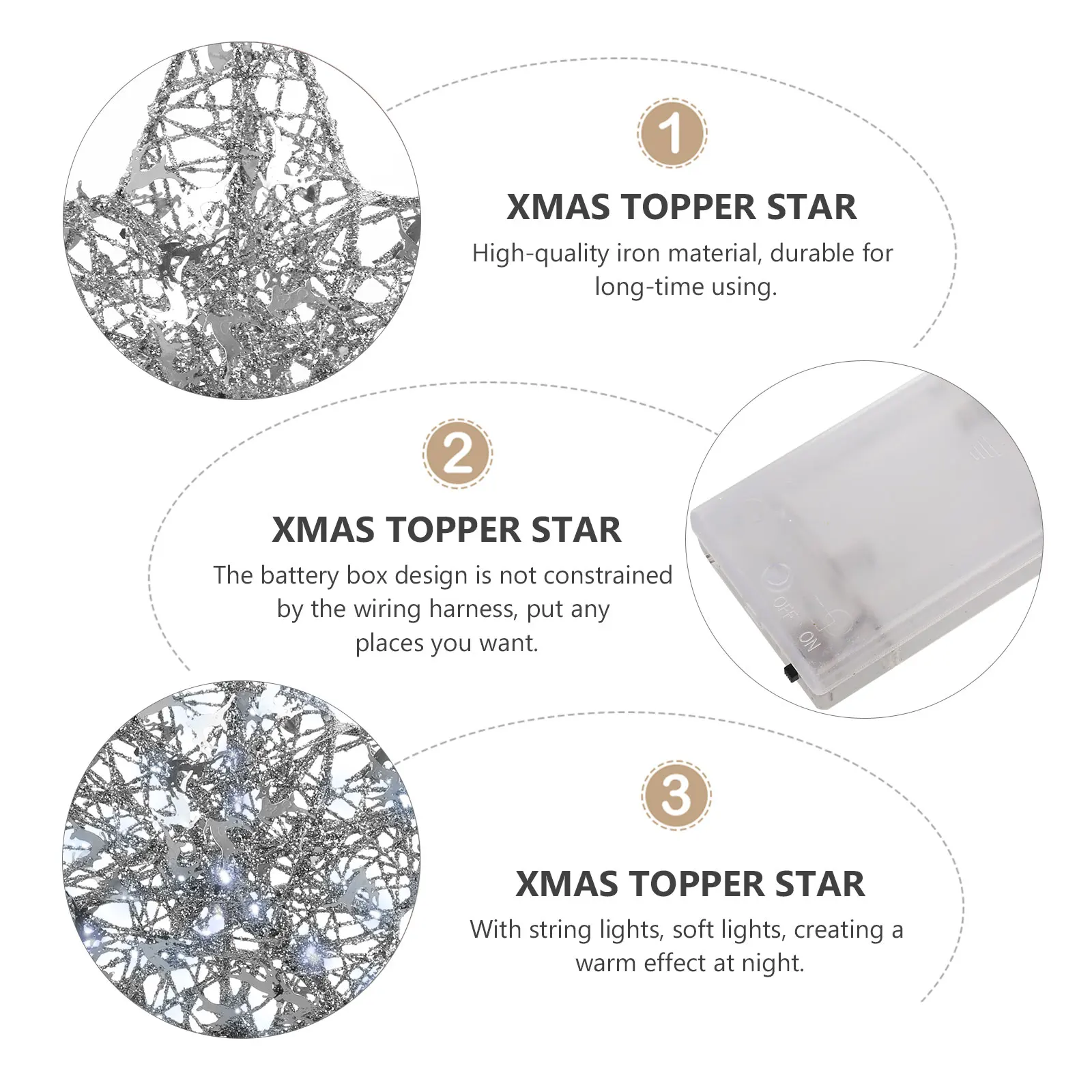 

1Pcs Christmas Topper Star Decorative Lighting Ornament Five-Pointed Tree Star with -Operated String Lights Xmas Tree
