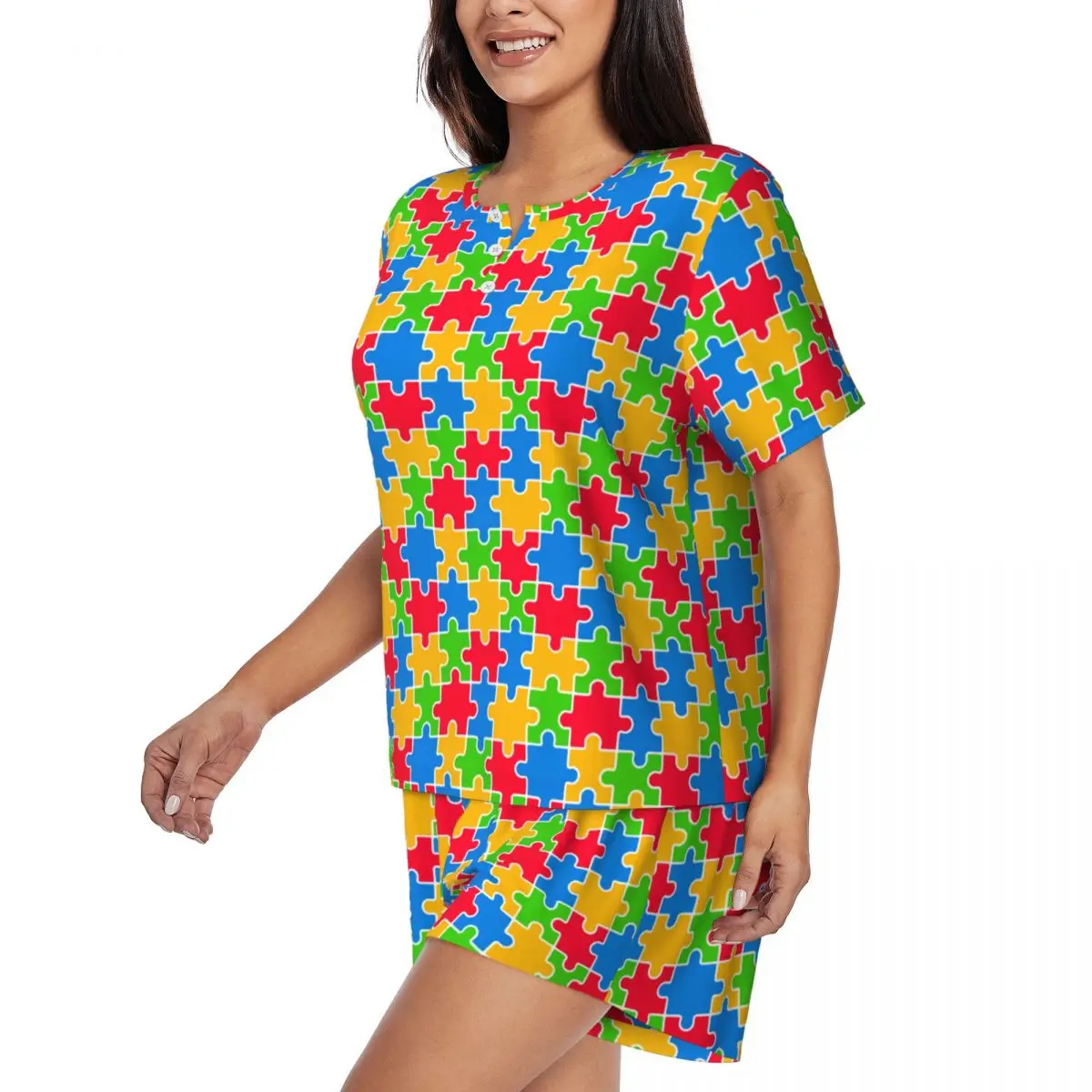 Custom Print Women Colorful Puzzle Autism Awareness Pajamas Set Short Sleeve 2 Piece Sleepwear Pjs Lounge Sets