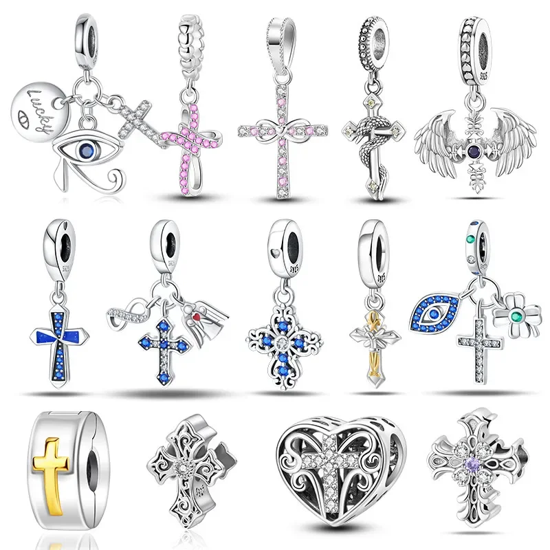 

925 Silver Charms Religion Heart Lucky Eye Cross Beads Fit Original Pandora Bracelet Making Pendant for Women Fine Jewelry