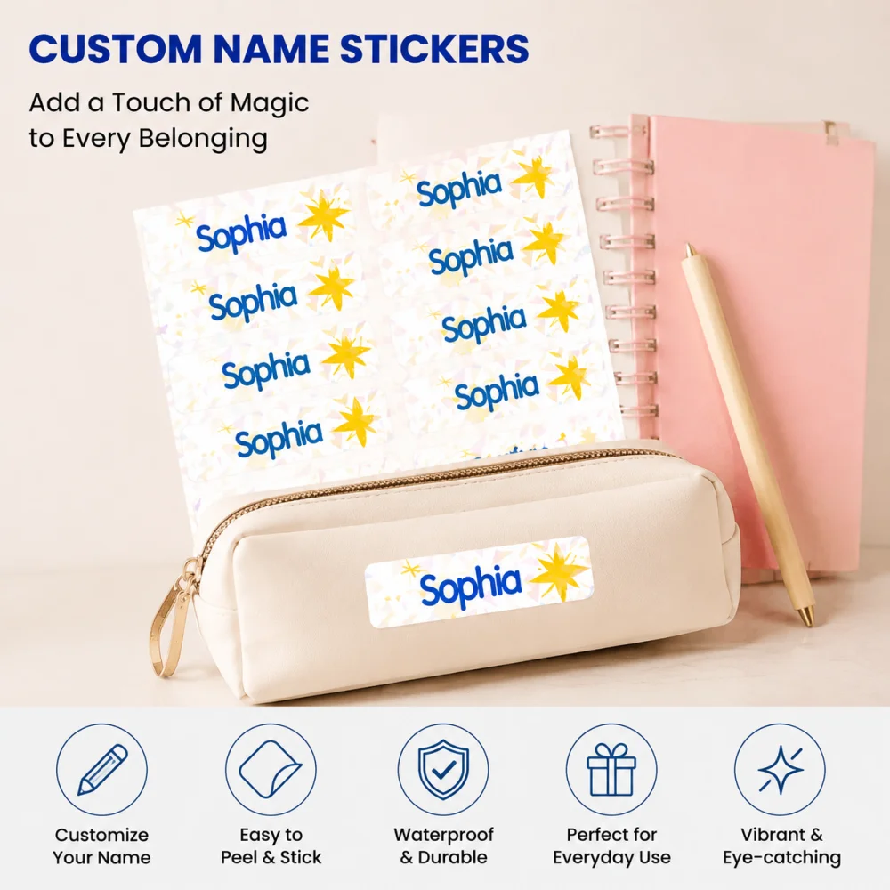 Personalized Custom Text/Name Laser Sticker, Star Pattern Waterproof Labels, School Bag Water Bottle Self Adhesive Name Tags