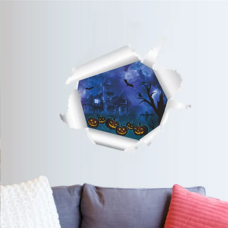 Pumpkin Lantern Dark Castle 3d Broken Hole Wall Stickers For Home Decoration Halloween Festival Wall Mural Art Diy Pvc Decals