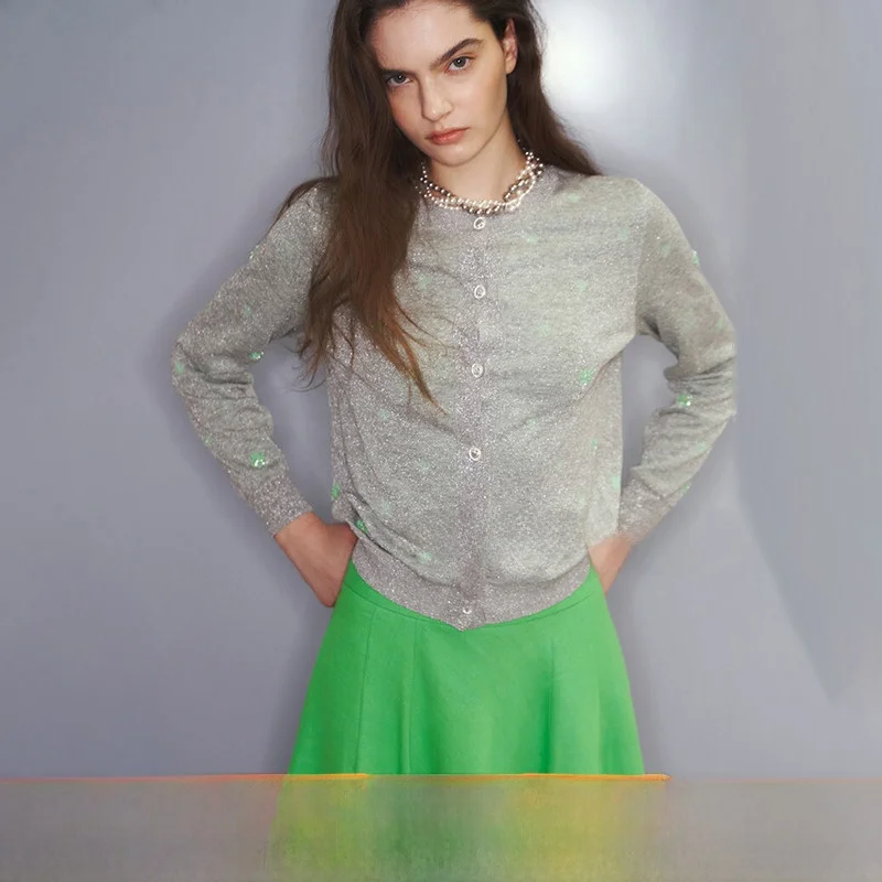 

Ultra-Thin Elastic Knitted Top Sparkling Sunscreen Versatile Korean Sle Commute Wind Long Sve Regular Length Buttoned