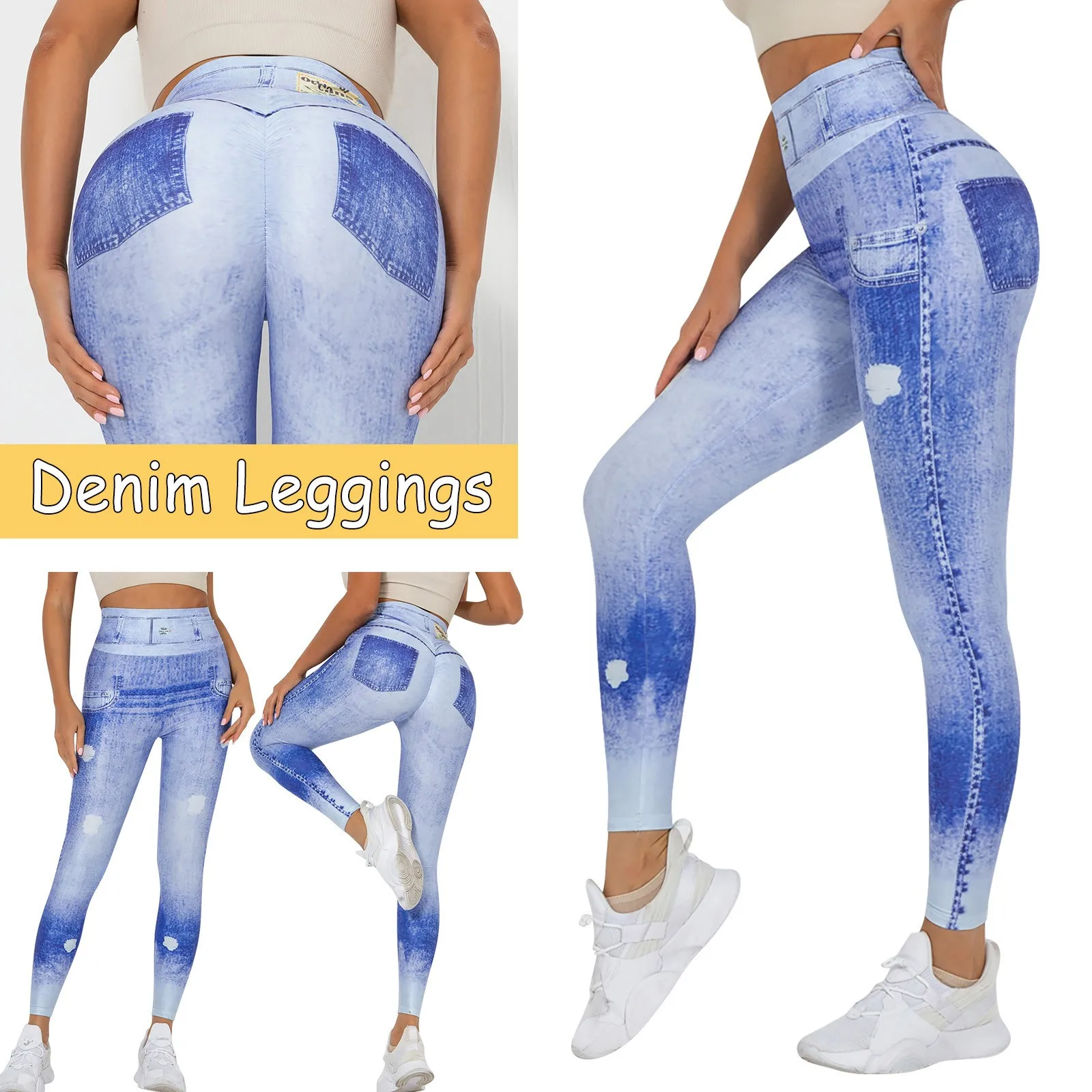 

2024 Women's Fashionable Imitation Denim High Waist Elastic Slimming Printed Casual Tight Leggings For Outwear Sports Long Pants