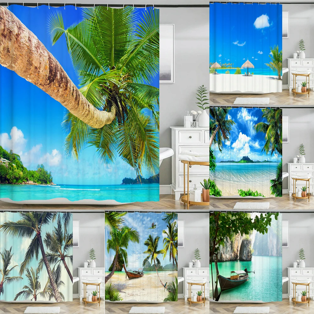 Shower Curtain Sunshine Beach Scenery Seaside 3D Printing Bathroom Curtain Polyester Waterproof Home Decor Curtain 180x180cm