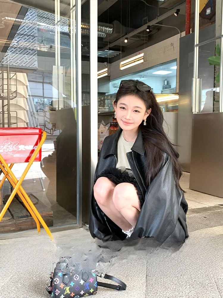 

Высокоэнергетическая кожаная куртка-бомбер для женщин, весна-осень, новая модель, с длинными рукавами, на молнии, стандартной длины