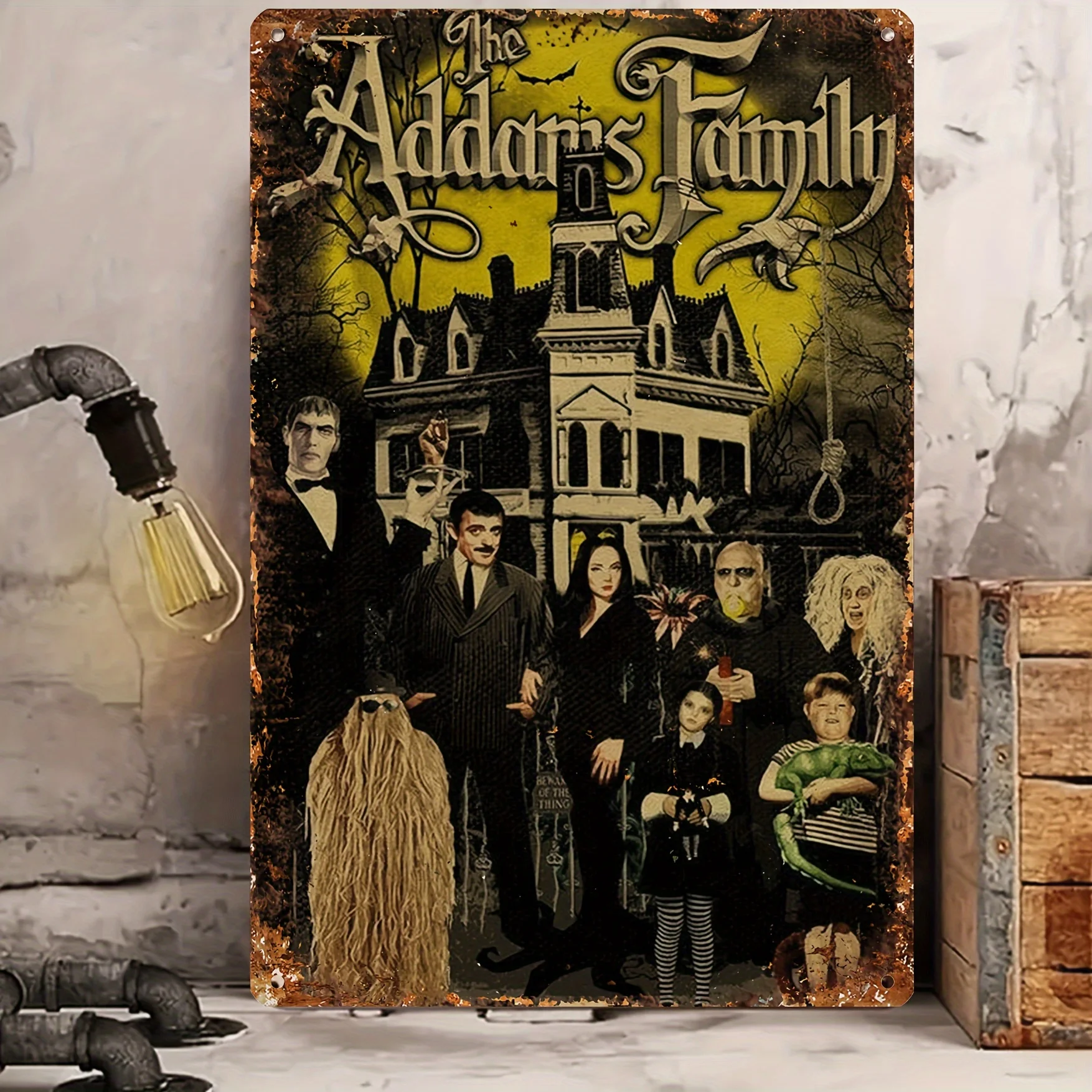 Addams Family Gentleman Metall-Wandbehang – langlebige Eisen-Gothic-Spukhaus-Dekoration, Innen-/Außen-Wandkunst für Wohnzimmer