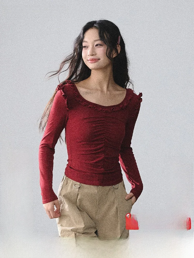 

Lulusmiracle Rose Heart Matters Red Long Sleeve Wool Blend Top Women's Base Shirt Casual Style Fitted Leisure Fashion