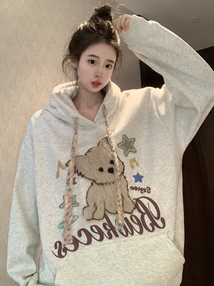 Hoodies Women Chic Loose Fit Hooded Casual All-match Embroidery Cartoon Students Young Trendy Autumn Winter Popular Ulzzang Ins