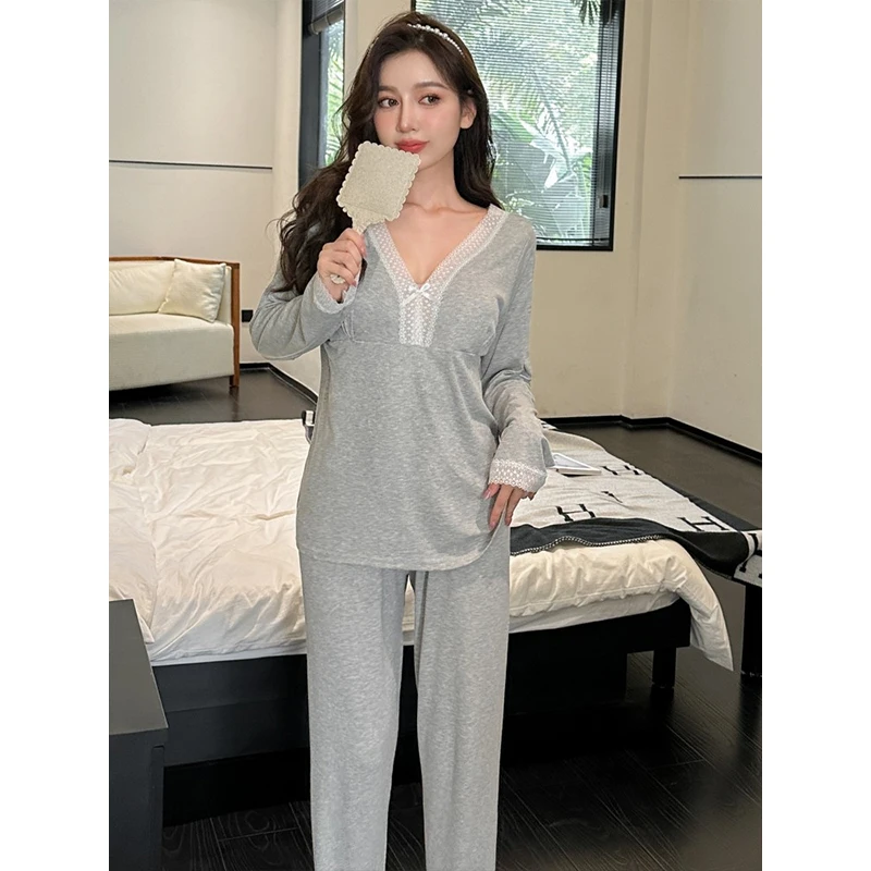 Spring and Autumn Women\'s Solid Color Cotton V-neck Sexy Pajamas Loose Casual Long-sleeved Trousers Set Pajamas Home Wear