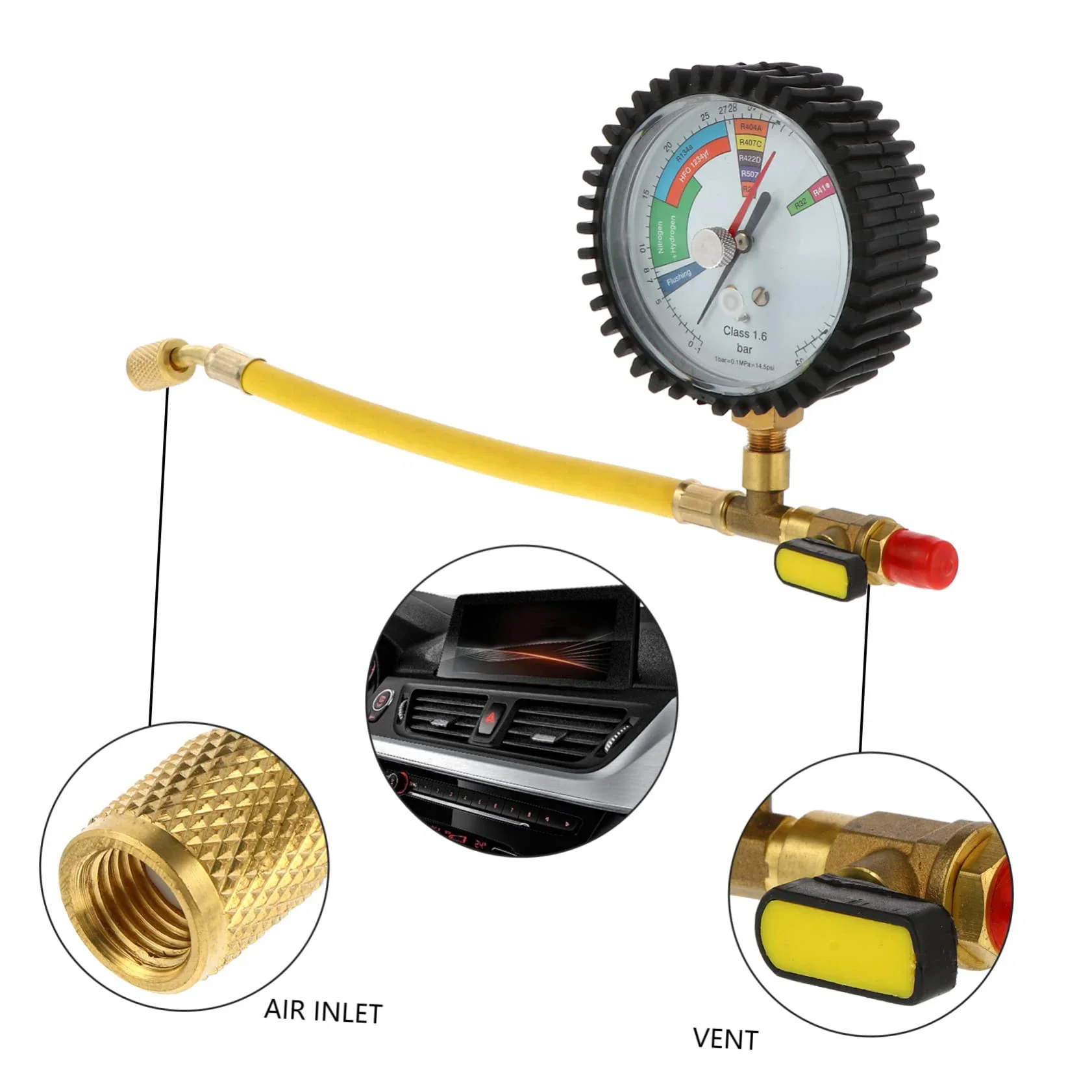 Nitrogen Pressure Test Gauge for Refrigerant R134a, R22, R407C, R410A, R404A, R507, R32 Car Air Conditioning HVAC System