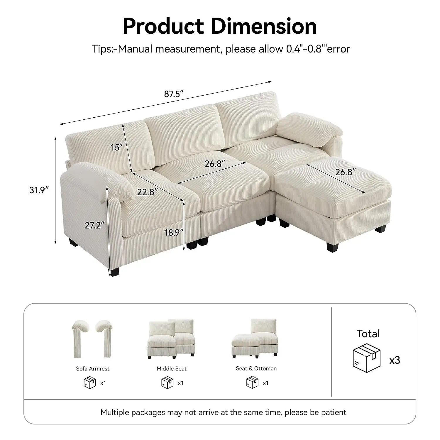 L Shaped Modular Sectional Sofa, 3 Seater Cloud Couch with Movable Ottoman, Deep Seat Corduroy Sofa with Center Stitched for Liv