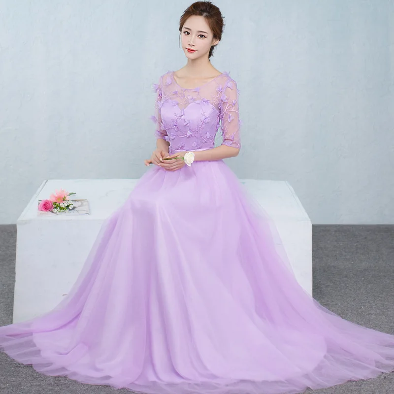 Reject Return 2024 Purple Lilac Bridemsiad Dresses With Half Sleeves Appliques Lace Up Wedding Party Prom Robe Girls Dress