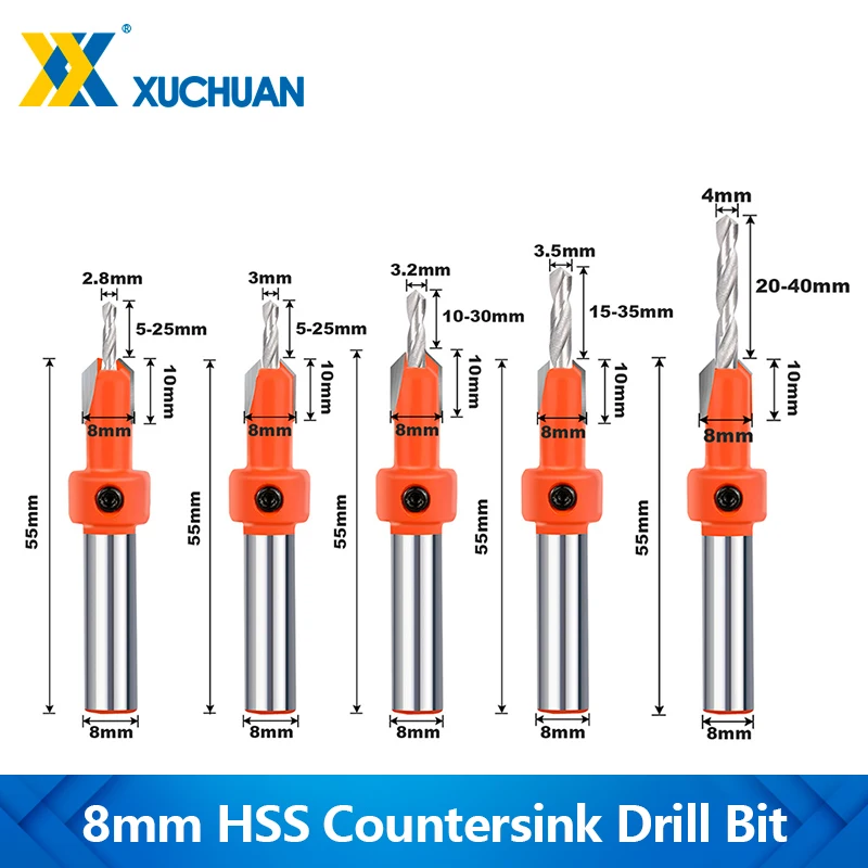 XUCHUAN 8mm Shank Tungsten Counterbore End Mill HSS Screw Cutter for Wood MDF Plywood HSS Woodworking Countersink Drill Bit